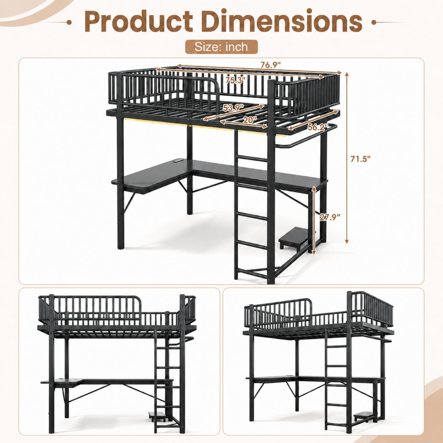 Miniyam Full Metal Loft Bed with L-Shaped Desk, LED Light Strip, Charging Station and PC Tower Tray, Black