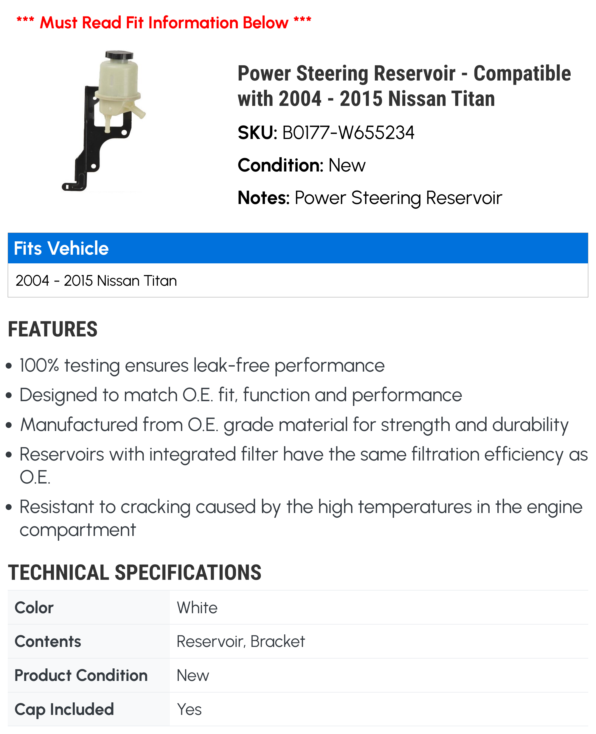 Power Steering Reservoir - Compatible with 2004 - 2015 Nissan Titan - A1 Cardone