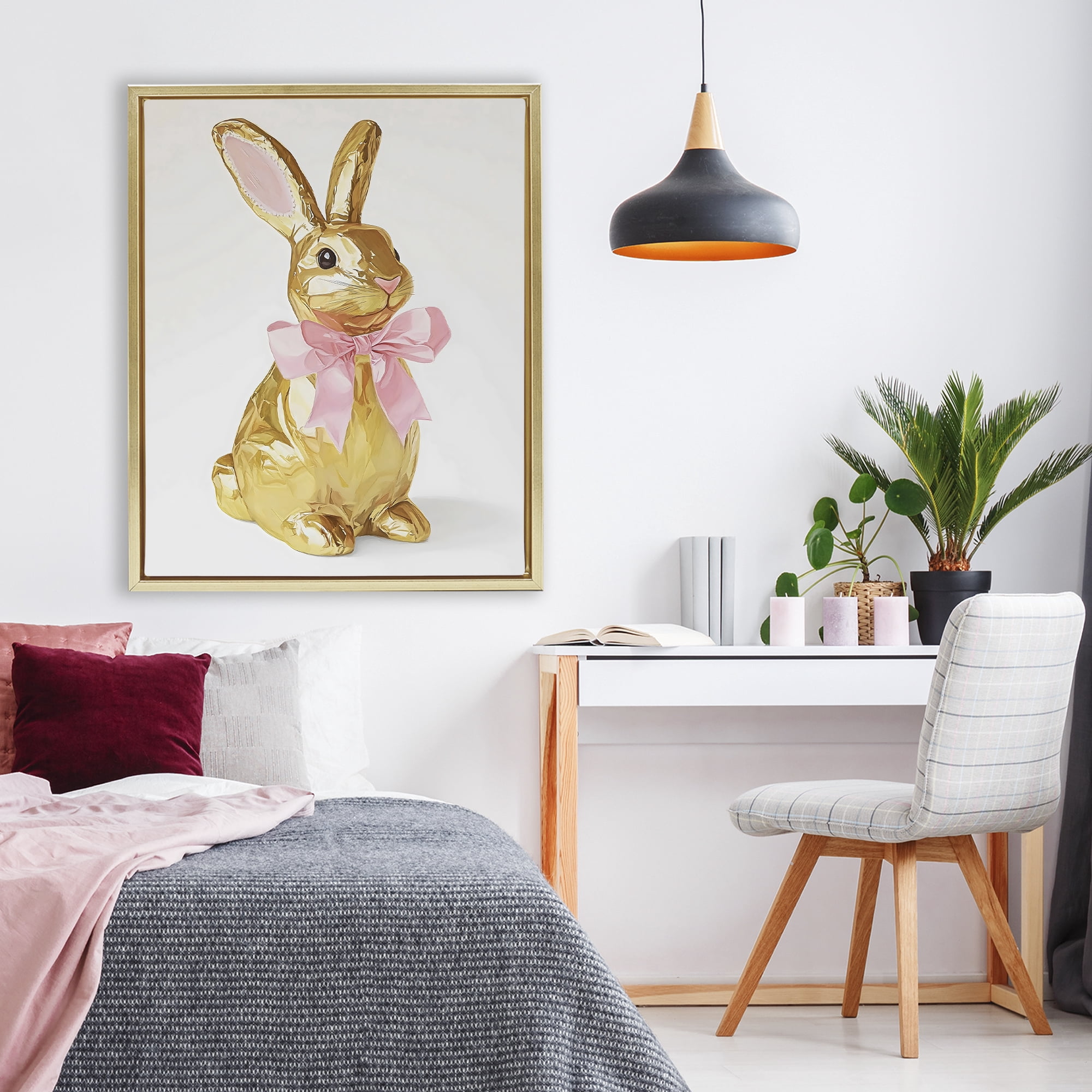 Stupell Industries Golden Easter Bunny with Ribbon Gold Framed Floater Canvas Wall Art, design by The Prints Vibe