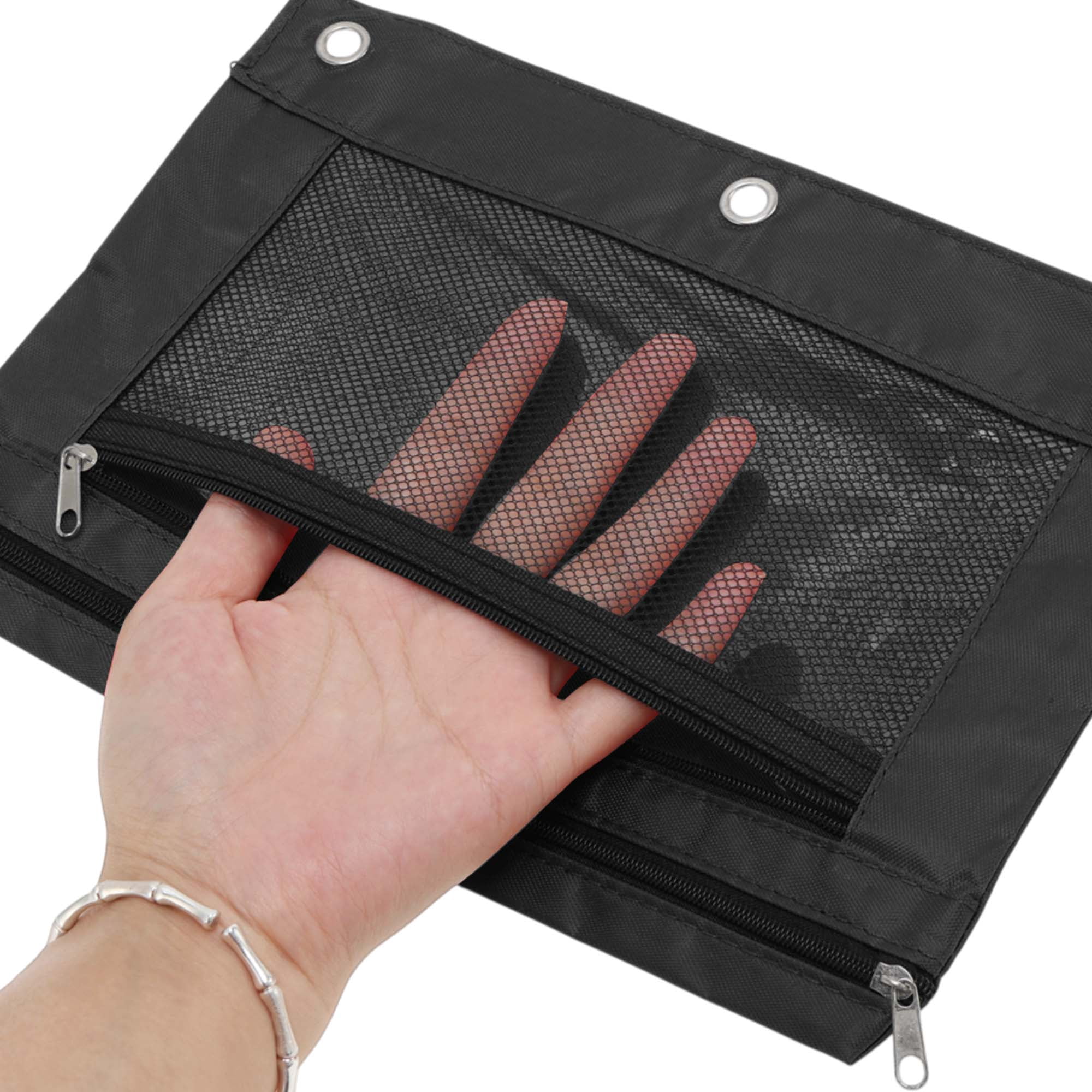 Unique Bargains Smooth Zipper Clear Mesh Double Layer Pencil Case for 3 Ring Binder Black