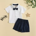 thumbnail image 2 of Boys Summer Suit Short Sleeved White Shirt With Bow Tie Navy Blue Shorts Performance Suspender Dress Toddler, 2 of 8