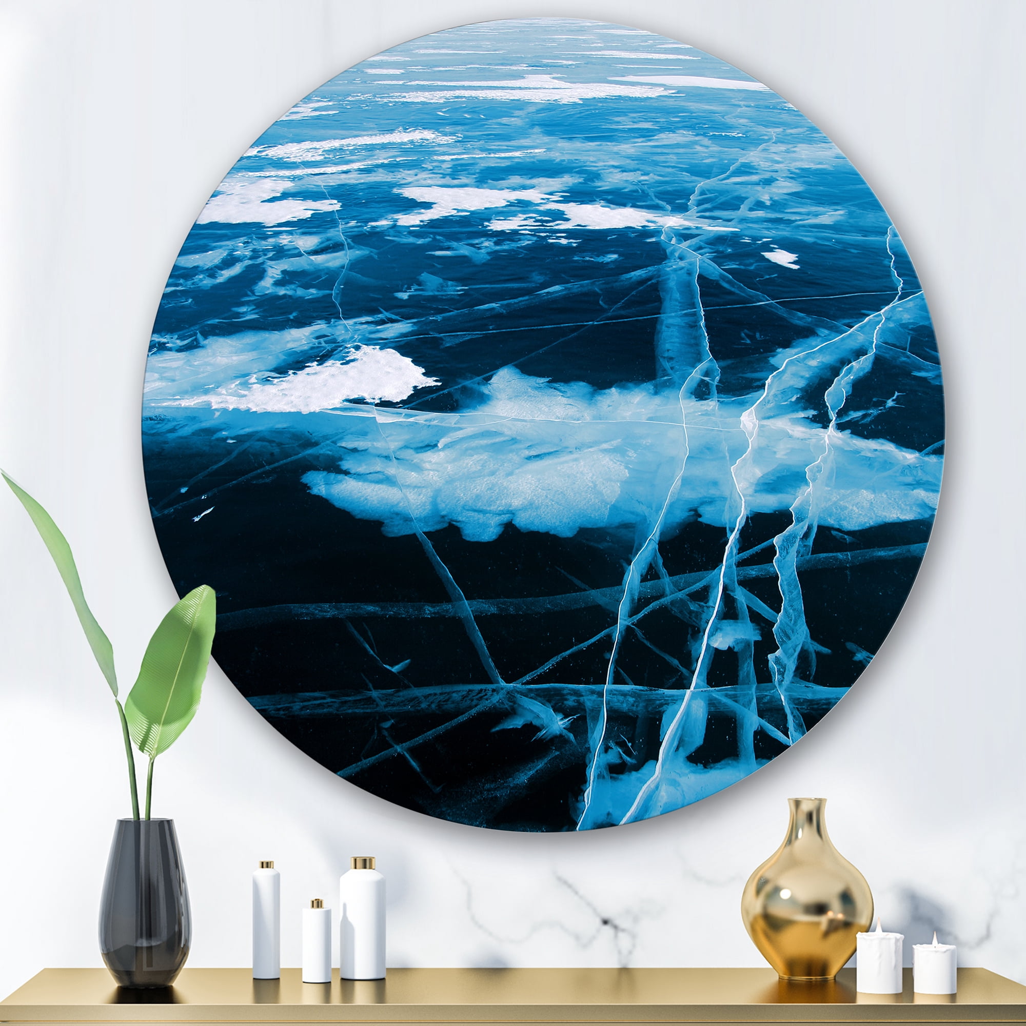 Designart 'White and Blue Ice Structure I' Modern Circle Metal Wall Art 36x36 - Disc of 36