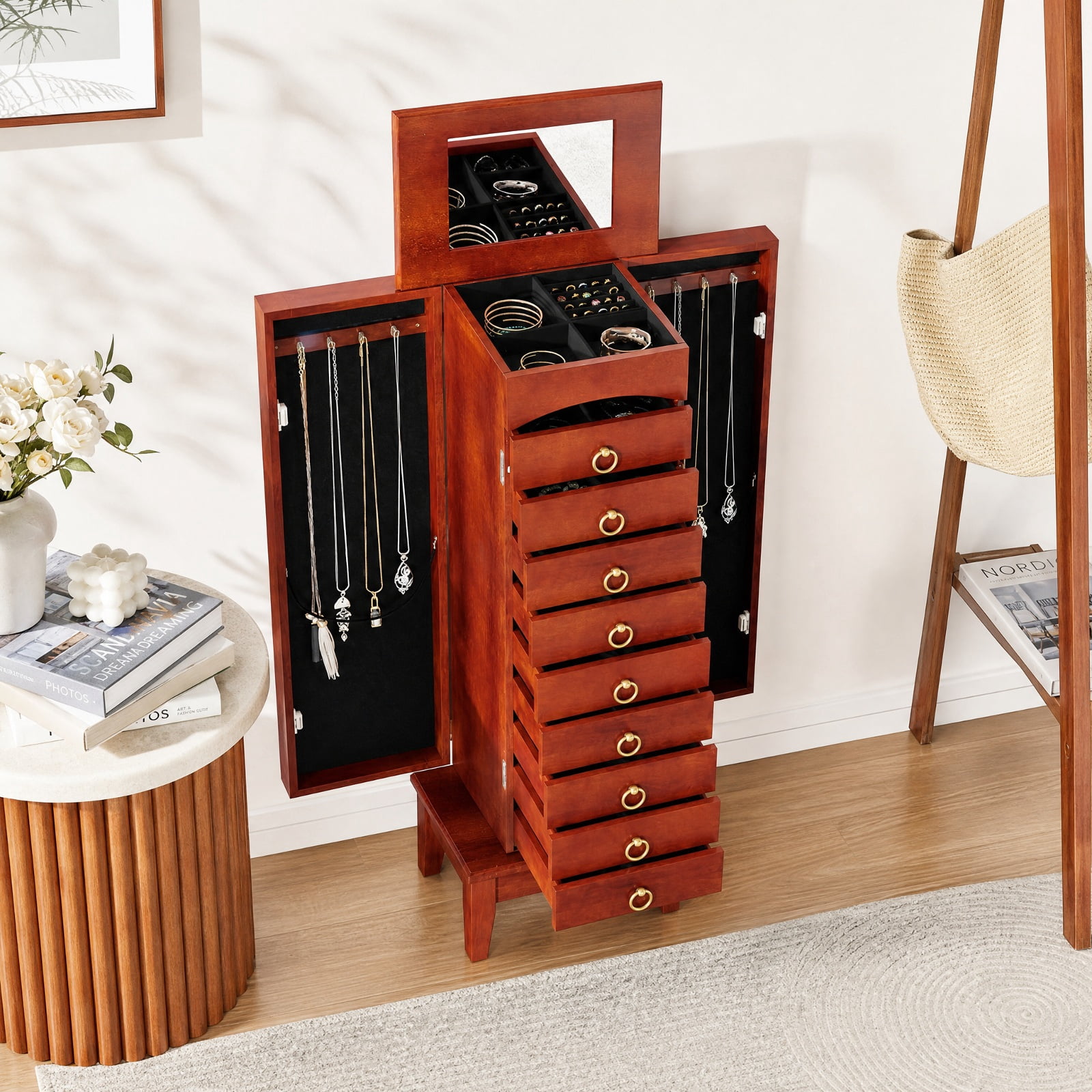 Furnibear Large Capacity Jewelry Storage Cabinet with 9 Drawers for Bedroom Dressing Room Jewelry Necklace Rings Storage Mirror, Walnut