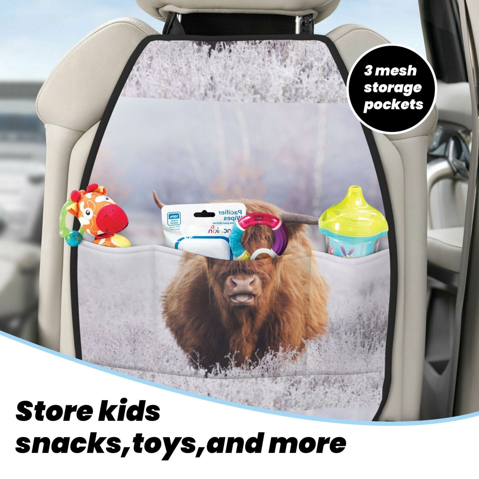 Xecao Cow Pattern Car Seat Back Protector 2 Pack Large Capacity Pocket, Kick Mats Back Seat Protector