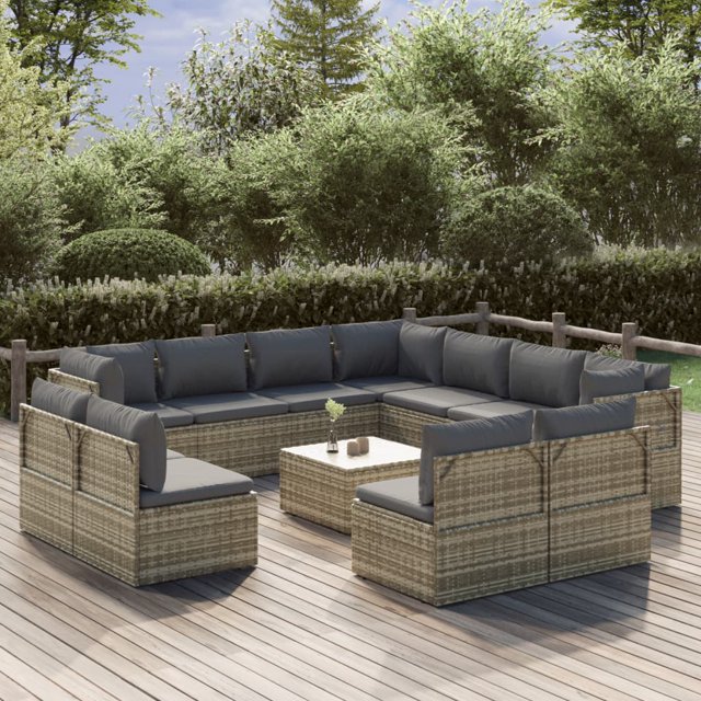 vidaXL 12 Piece Garden Lounge Set with Cushions Grey Poly Rattan