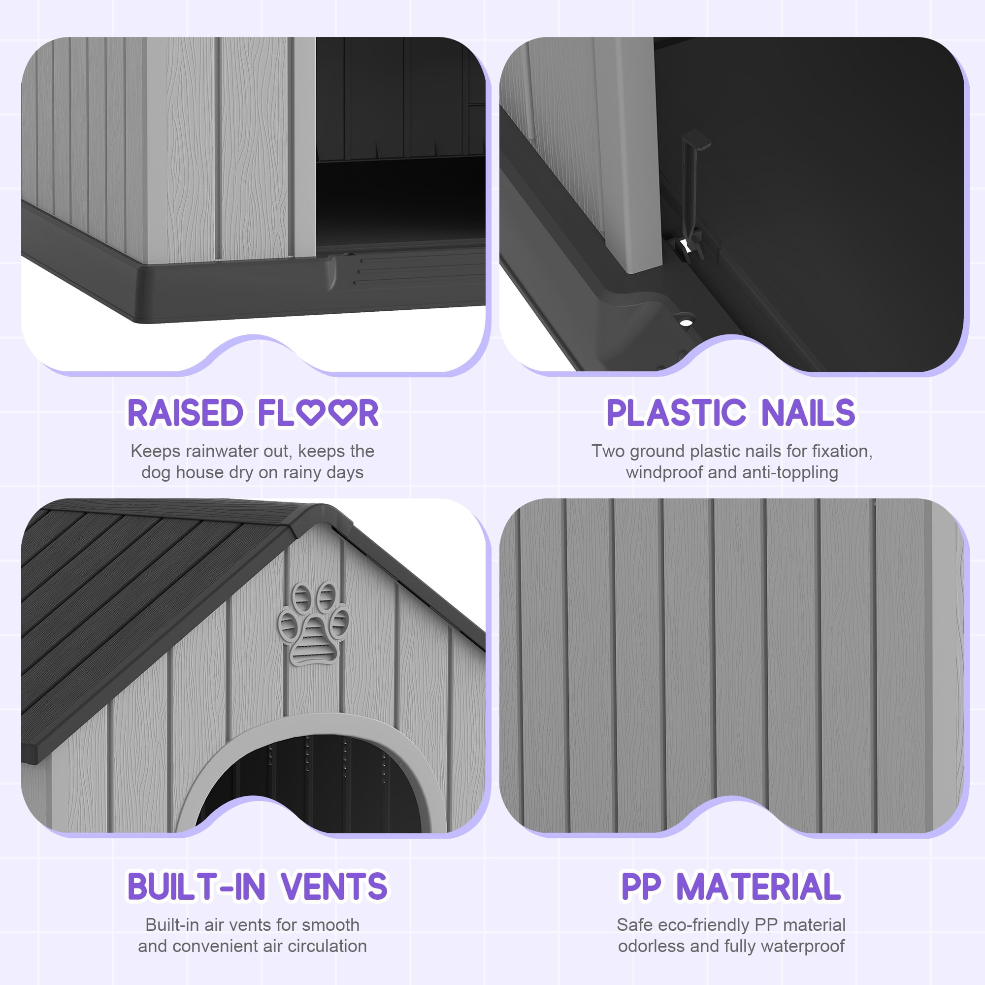 Nihsuao Dog House for Medium Large Dogs, Durable PP Waterproof Outdoor & Indoor Dog Shelter with Air Vents, Elevated Floor, Easy Clean and Assemble, Black (36.2"L×38"W×38"H)