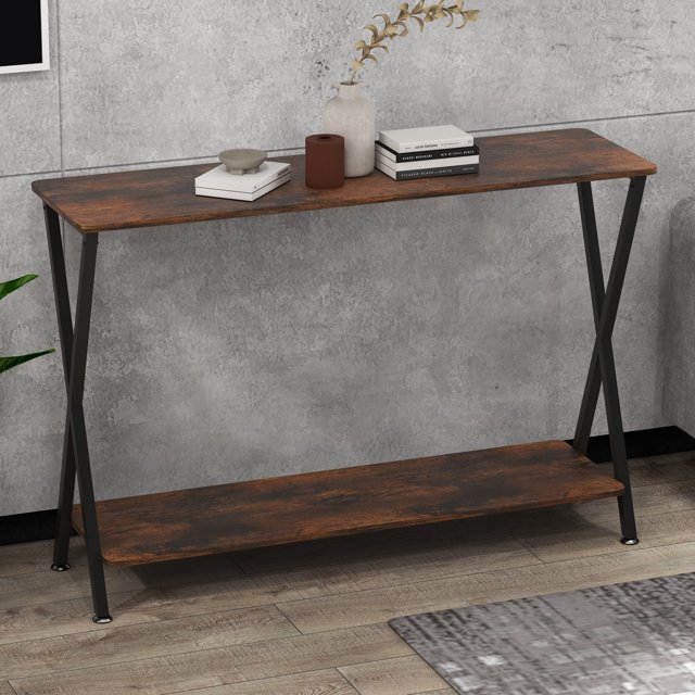 Kojooin 2-Tier Farmhouse Narrow Console Table with Shelves, 33.5/41.3 Inch Long Hallway Table, Perfect Behind-Couch Table for Living Room & Entryway