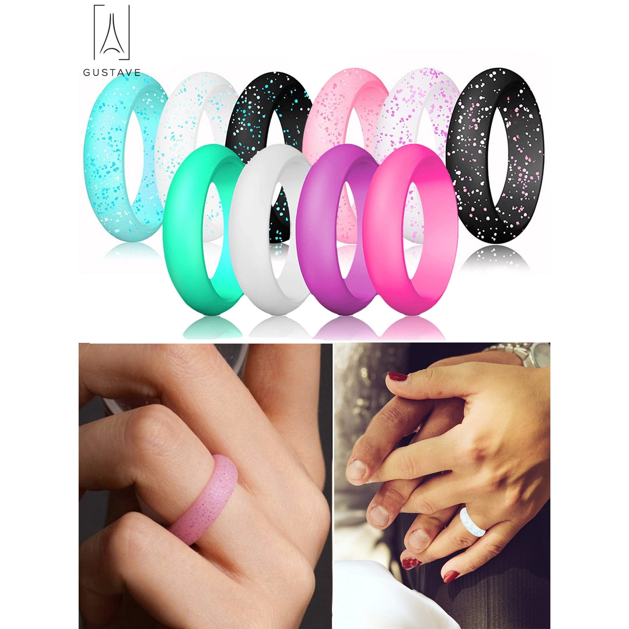 Gustave Silicone Rings 10 Pack Wedding Bands for Women Thin and Stackable Durable Glitters Rings for Love, Couple, Souvenir Bands "Size 9"