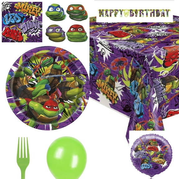 Teenage Mutant Ninja Turtle Birthday Party Supplies, Serves 16 Guests TMNT Mutant Mayhem Movie Balloon Decorations, Plates, Napkins, Tablecloth, Forks