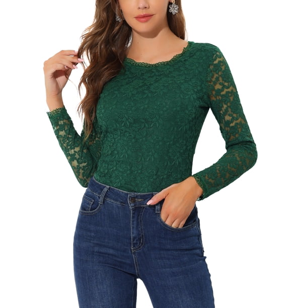 INSPIRAR CHIC Blusa de Encaje con Bordado de Flores de Manga Larga y Cuello Redondo para Mujeres S Verde Oscuro
