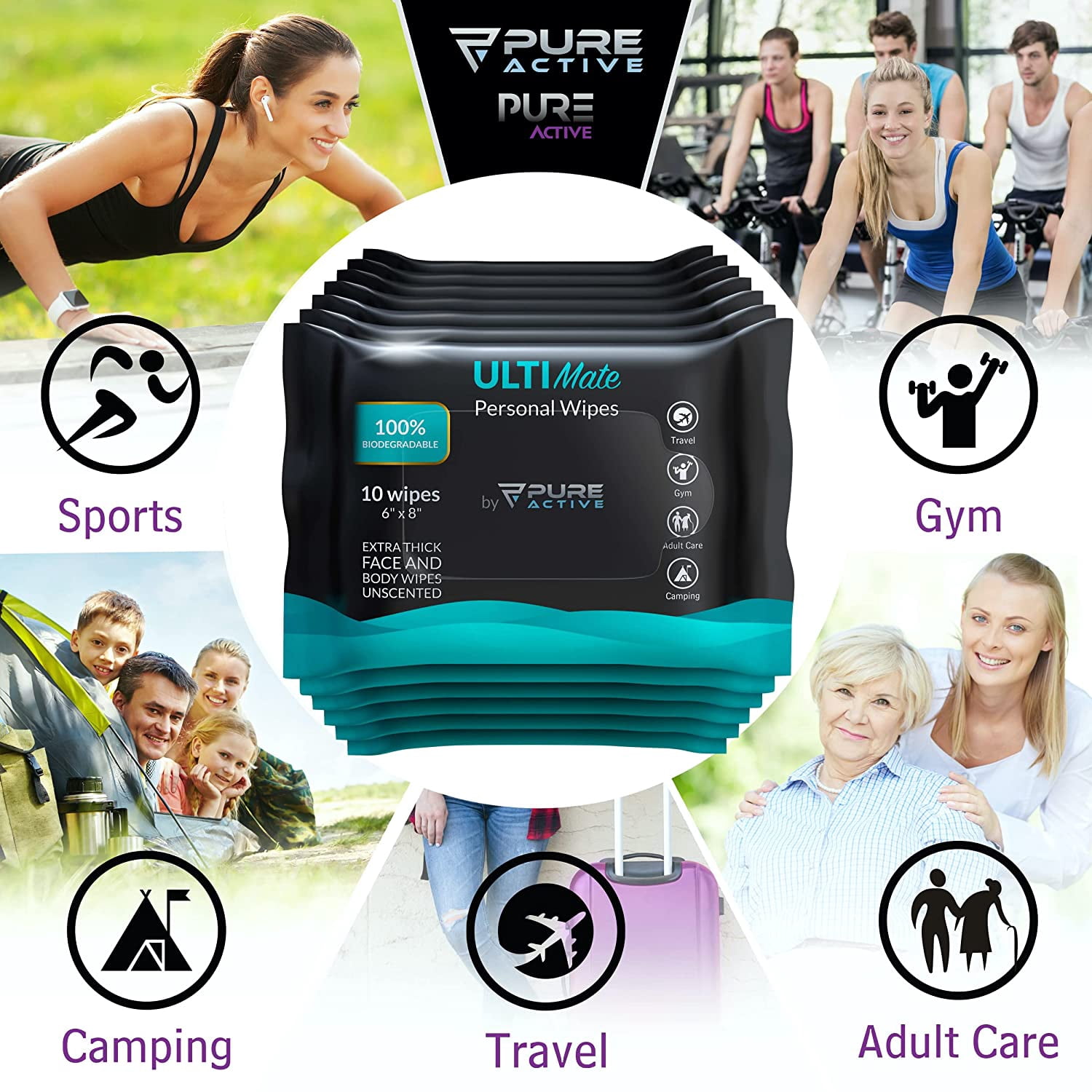 Pure Active Ultimate Shower Body and Face Wipes, Biodegradable Personal Hygiene Body Cleansing Wipes for Men for After Gym Travel Camping Adult Bathing Wipes (120 Wipes 6''x8'', Unscented)