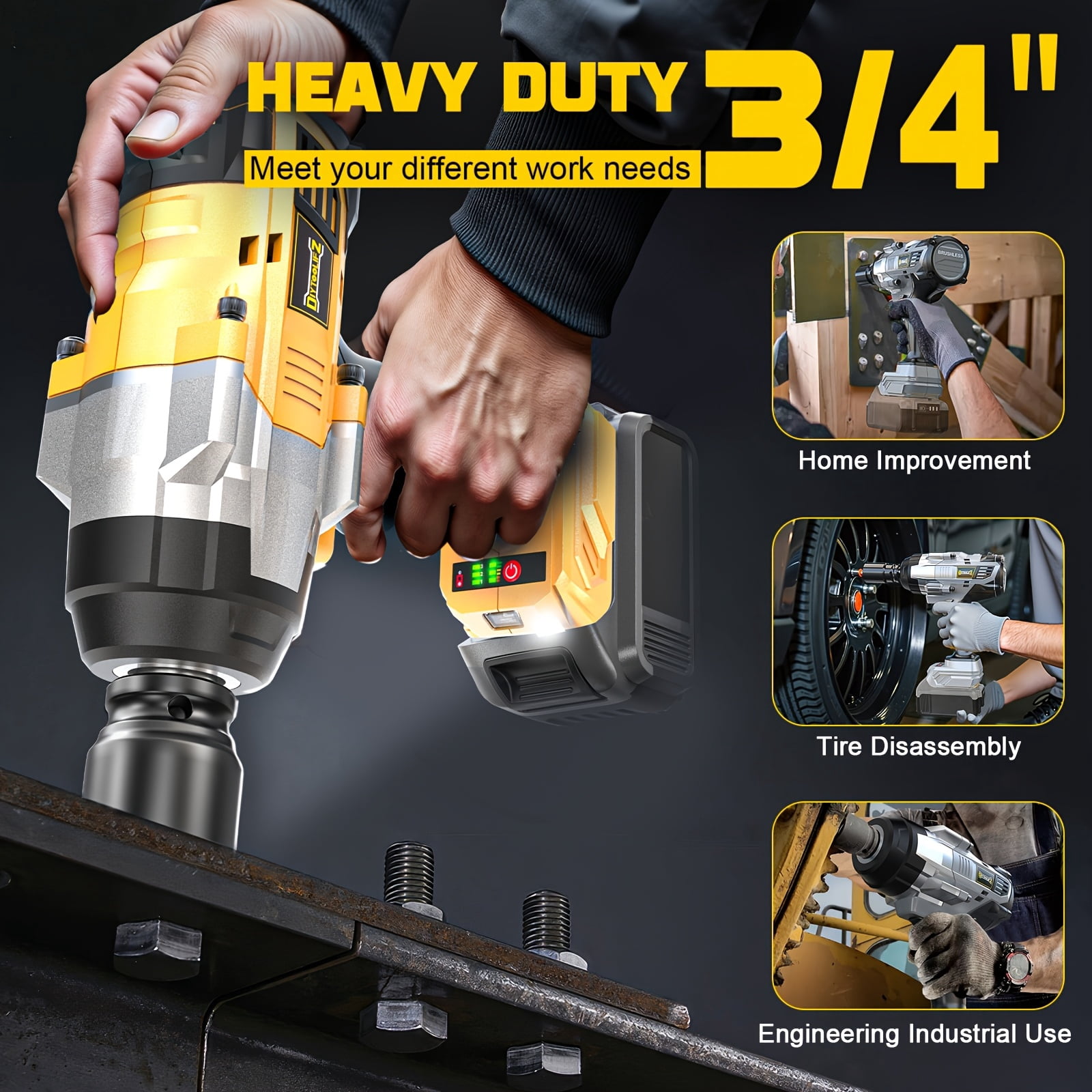 3/4" Cordless Impact Wrench Compatible with Dewalt 20V Battery: 1850FT-LBS(2500N.m) High Torque Impact Driver, Auto-Stop Reverse, 4-Speed Heavy Duty Impact for Car/Truck/Mower(Bare Tool)