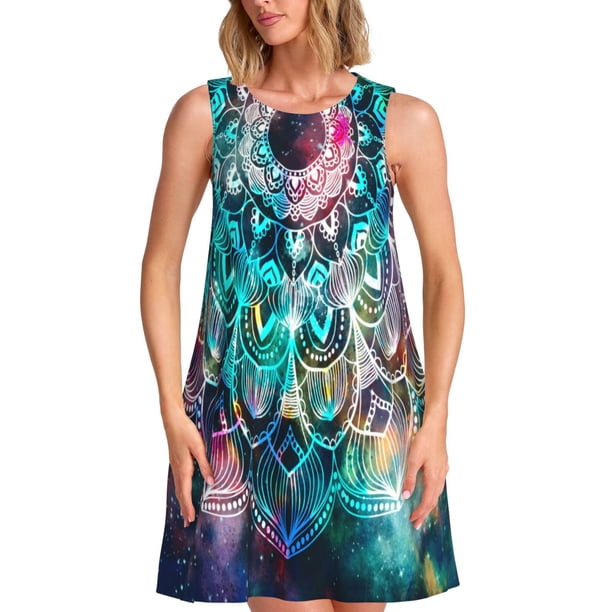 Balery Watercolor Mandala Vestidos de verano para mujer con estampado: vestido holgado sin mangas, vestido playero informal y cómodo para días calurosos.