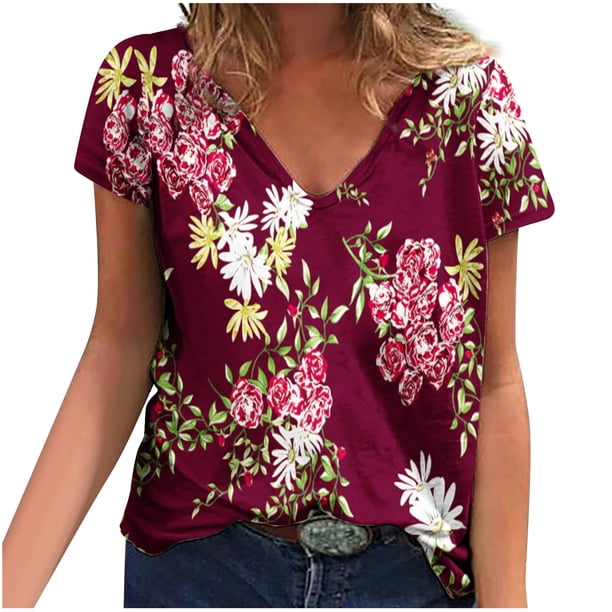 Camisetas con estampado floral con cuello en V para mujer Blusas femeninas cómodas a la moda Tops OAVQHLG3B Store lin121212