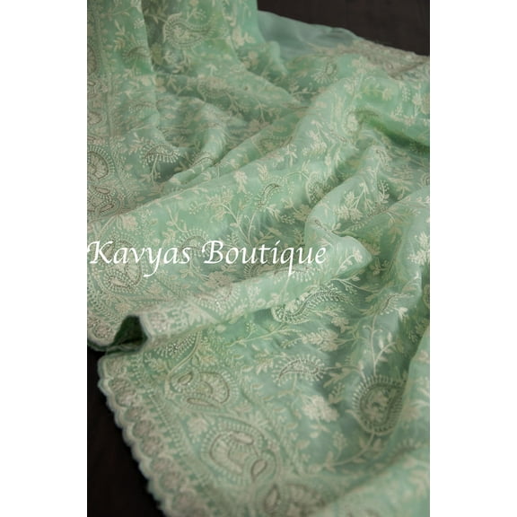Sea Green Chiniya Silk Chikankari Saree with Mukaish Work and Scalloped Border
