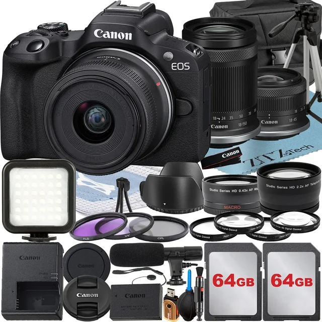Canon EOS R50 Mirrorless Camera with RF-S 18-45mm + 18-150mm Lens + 2 Pack 64GB Memory Card + Case + ZeeTech Accessory
