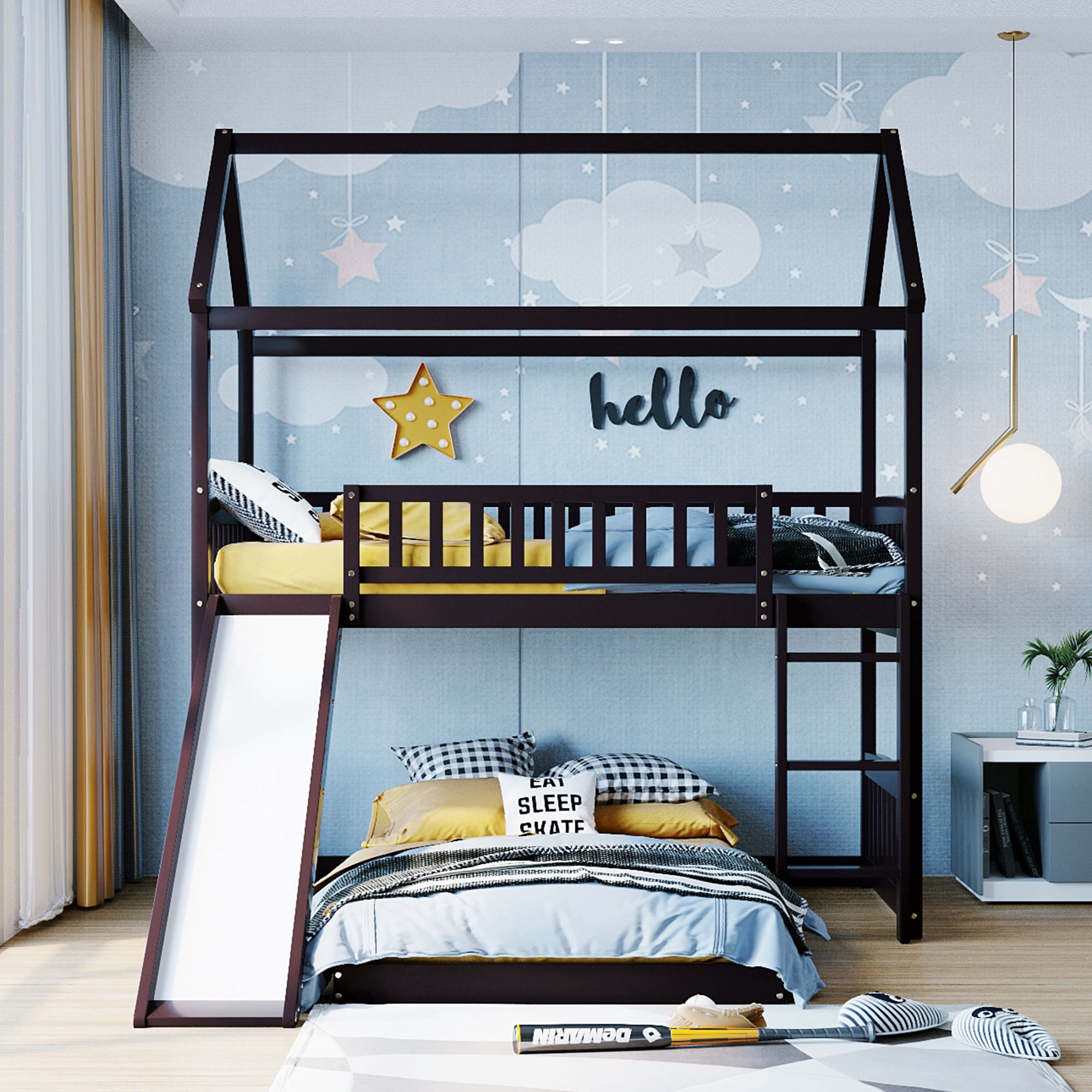 Aukfa Twin over Twin Bunk Bed with Slide, L-Shaped House Bunk Bed for Kids, Boys and Girls, Wooden - Espresso