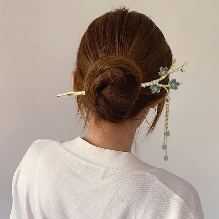 Chinese Retro Metal Hair Stick Plant Hair Accessories Tassel Pendant Hair Pins for Ladies and Girls 7Light blue plum
