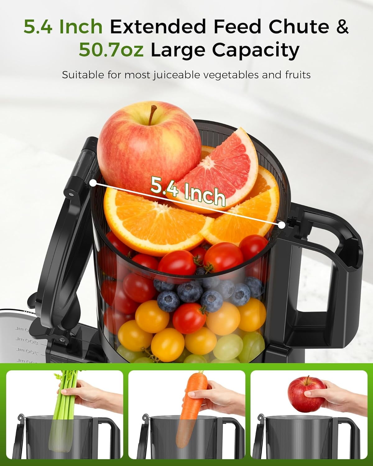 WAA Cold Press Juicer 5.4" Large Feed Chute,Slow Masticating,High Yield,Self Feeding & Easy to Clean​