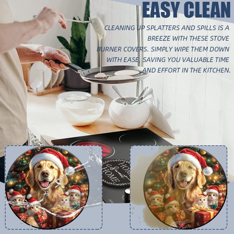 Christmas Burner Covers for Electric Stove, Red Christmas Cute Cats and Puppy Xmas Presents Round Metal Stove Burner Covers Expands Counter Space Set of 4, 8 Inches and 10 Inches