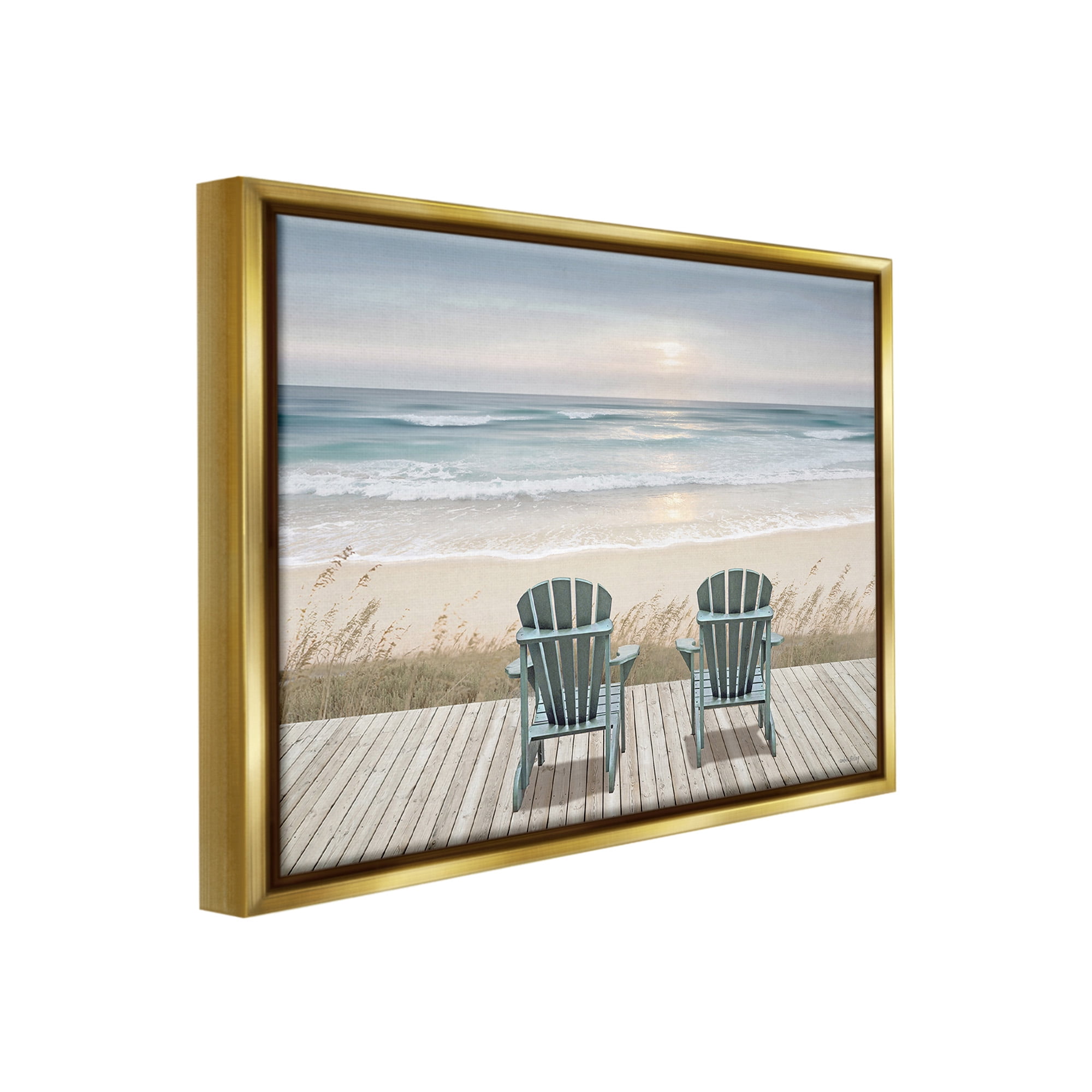 Stupell Industries Chairs with Beach Sunrise Landscape Painting Gold Floater Framed Canvas Art Print Wall Art, 21 x 17