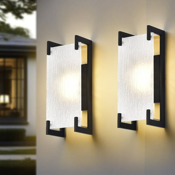 Modern Outdoor Wall Lights Set of 2, 12W LED Porch Light with Ripple Glass, Waterproof Exterior Sconce for Garage, Patio, Stair, 3000K Warm Light