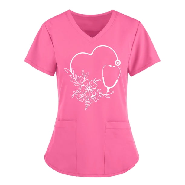 Pntutb Blusa de manga corta con cuello en V para mujer Uniforme de trabajo Blusa de bolsillo de color sólido Pntutb Pntutb-4191