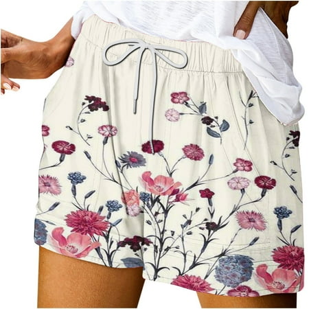 

Women s Elastic Waist Shorts Summer Floral Printed Pockets Drawstring Sports Jogging Beach Shorts