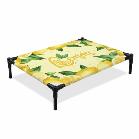 Summer Yellow Lemons Elevated Dog Bed Country Farm Watercolor Fruit Green Leaf Cooling Breathable Outdoor Raised Dog Cot Bed with Metal Frame Non-Slip Feet for Medium Dog 24x20in