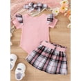 thumbnail image 4 of Summer Baby Girls Easter Outfit, Short Sleeve Bunny Romper with Belted Plaid Skirt Headband Outfit, 4 of 9