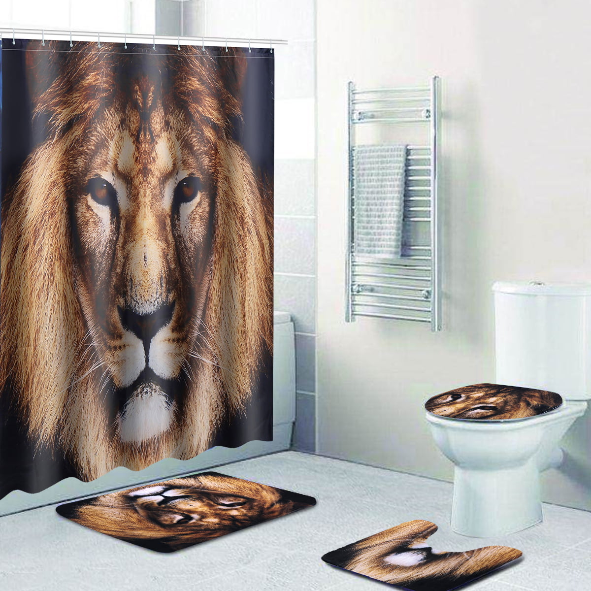 Flame Lion Waterproof Fabric Shower Curtain Liner Bathroom Decor Doormat Rugs 