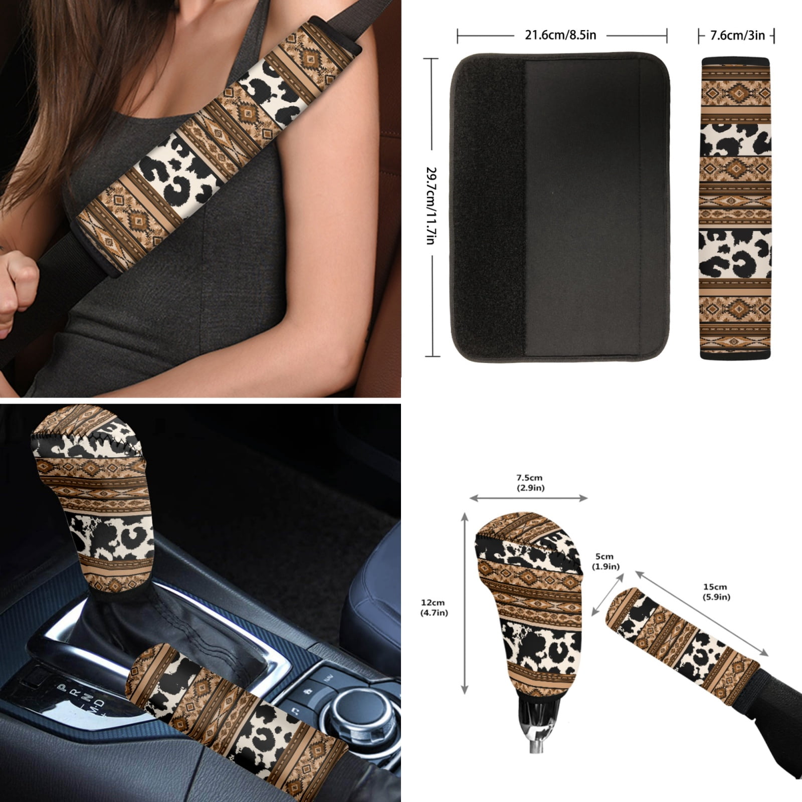Renewold American Tribal Cow Print Brown 12 PCS Car Seat Cover Covers for Women, Non-slip Car Steering Wheel Cover Seatbelt Strap Shoulder Cover Coasters Armrest Pad Handbrake Cover Gear Shift Cover