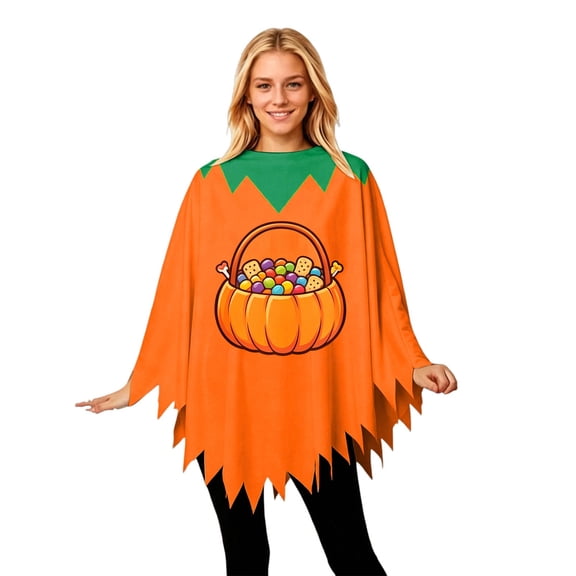Rggeeun Adults Halloween Cape Colorful Candy & Pumpkin Bag Pattern Pointed Hem Crew Neck Flowy Breathable for Halloween Workout Classic Capes,Orange,One Size