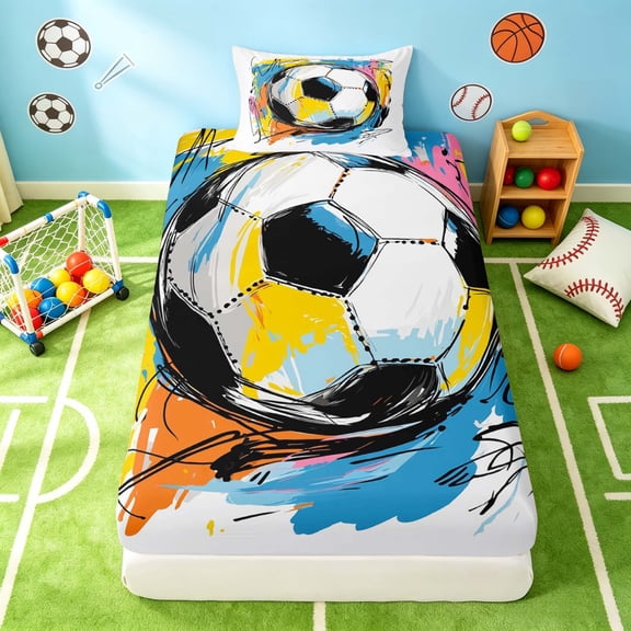 Manfei Sport Twin Fitted Sheet, Graffiti Soccer Bedding, White Blue Yellow 2 Pieces, 1 Fitted Sheet and 1 Pillowcase