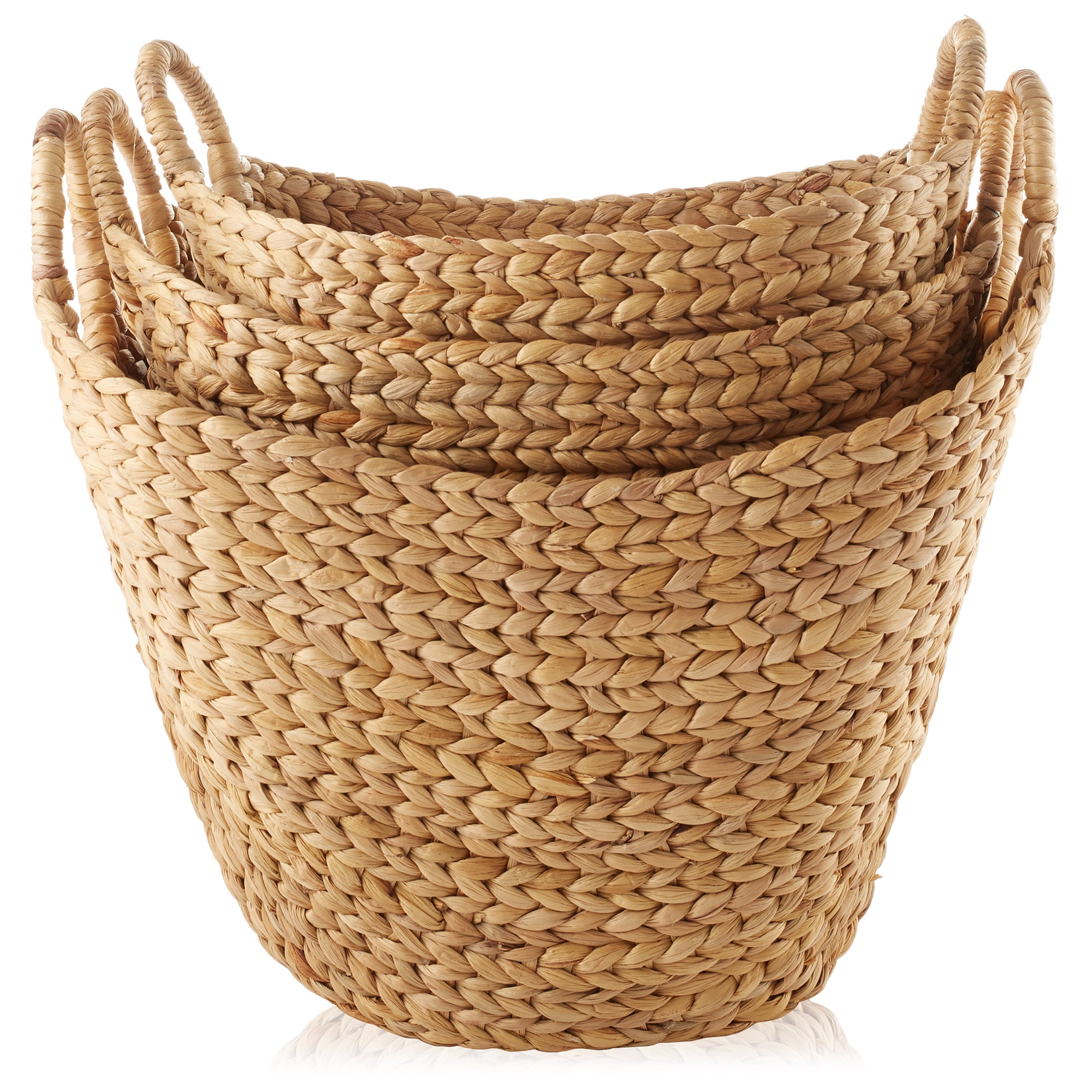 Casafield Set of 3 Boat Baskets with Handles - Natural, Woven Water Hyacinth Storage Organizers for Blankets, Laundry, Bathroom, Bedroom, Living Room