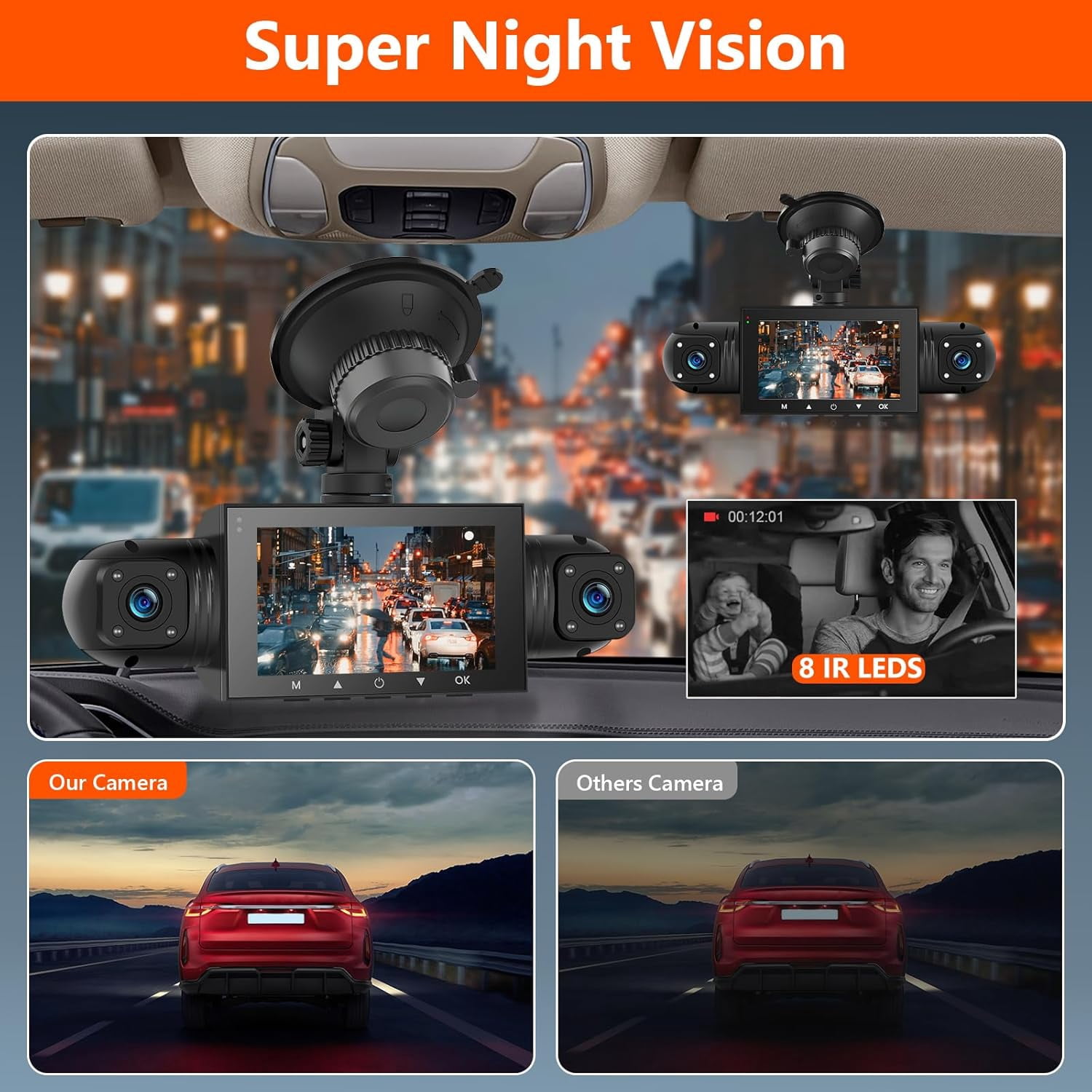 360° Dash Cam Front and Rear Inside,4 Channel 3" IPS Touchscreen Dash Cam Front and Rear Inside Left Right,4*1080P Dash Camera with 8 IR Night Vision,Loop Recording,G-Sensor,24 Hours Recording