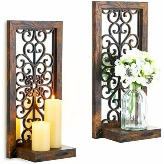 Farmhouse Wall Candle Holder Decor: Rustic Candle Sconces Set of Two for Pillar Candles - Brown Wooden Shelving for Fireplace Bathroom Hallway