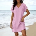 thumbnail image 4 of Admvng Dress for Women Solid Soft And Comfortable Short Sleeve V Neck T Shirt Dress, 4 of 9