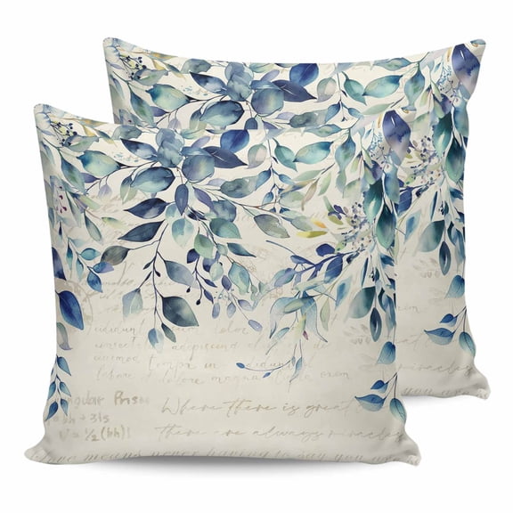14x14 Pillow Covers Set of 2, Blue Teal Eucalyptus Leaves Throw Pillow Covers Decorative Couch Cushion Case, Watercolor Vintage Botanical Microfiber Square Pillowcases for Bedroom Car Living Room