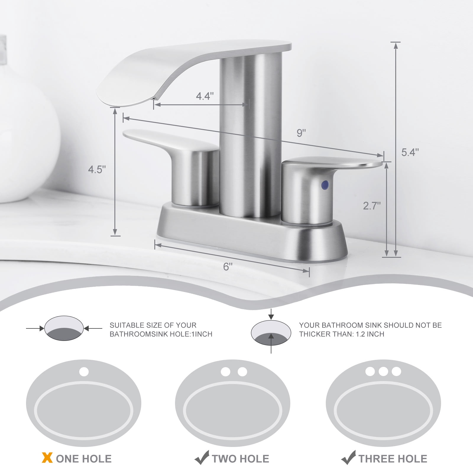 WOWOW 4 inch Brushed Nickel 2-Handle Bathroom Sink Faucet with Pop-up Drain - Lead-Free Stainless Steel Centerset Faucet for Vanity, RV, Waterfall Bathroom Sink Faucet
