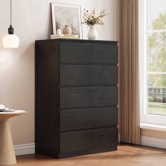 Hijob 5 Drawer Dresser, Modern Storage Cabinet for Bedroom, Tall Chest of Drawers for Living Room Bedroom, Black