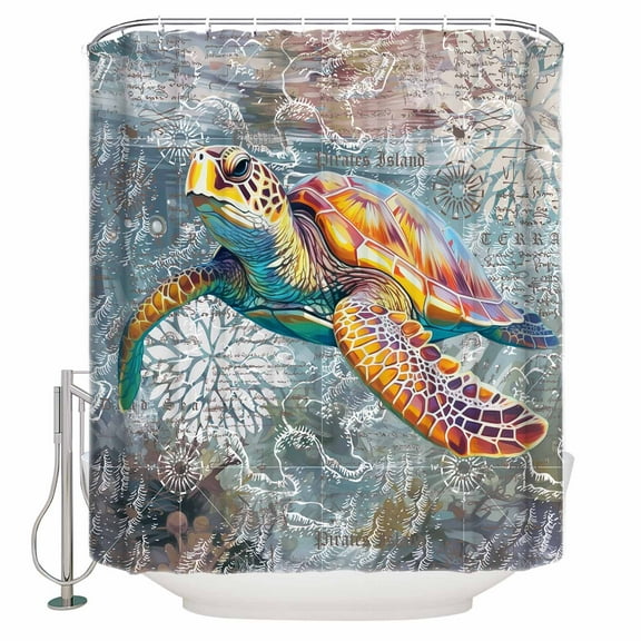 Fabric Shower Curtain, Vintage Blue Ocean Sea Turtle Map Shower Curtains with 12 Hooks Waterproof Machine Washable Bath Curtains for Bathroom,48x 72in