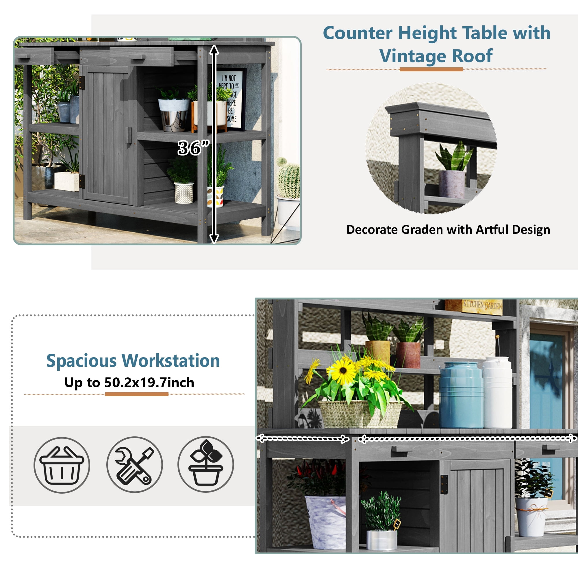 Yoneston 66"H Outdoor Farmhouse Wooden Potting Bench Table, Garden Workstation with 2 Drawers, Cabinet and Open Shelves for Gardening Backyard Mudroom, Gray