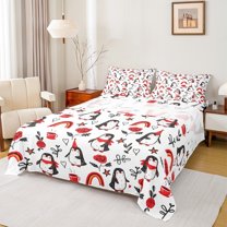 Manfei Cartoon Funny Penguin Queen Sheet Sets, Romantic Red Rose Flat Sheet, Kawaii Wildlife Animal Queen Fitted Sheet, Lightweight Room Decor, 4-Piece