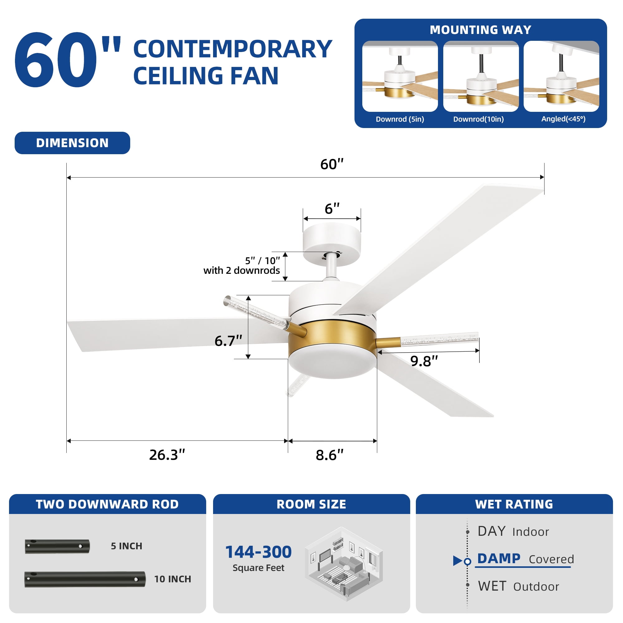 Uforic 60 inch Modern Ceiling Fan with Light and Remote, Crystal Chandeilier Ceiling Fan with 3 Blades,6-speed - White & Gold