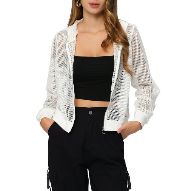 INSPIRE CHIC Ribbed Cuffs Jacket for Women Hoodie Mesh Bomber Jacket L White