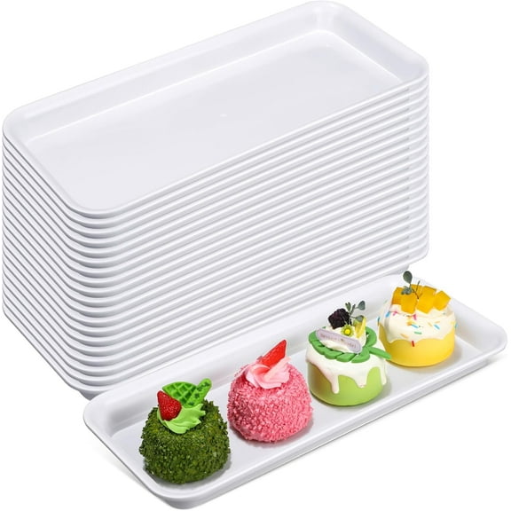 20 Pcs Serving Platters 14 x 6 Inch Rectangle Trays Reusable Food Tray Dishes Dessert Plastic Plates for Wedding Home Table Thanksgiving Christmas Party(White)