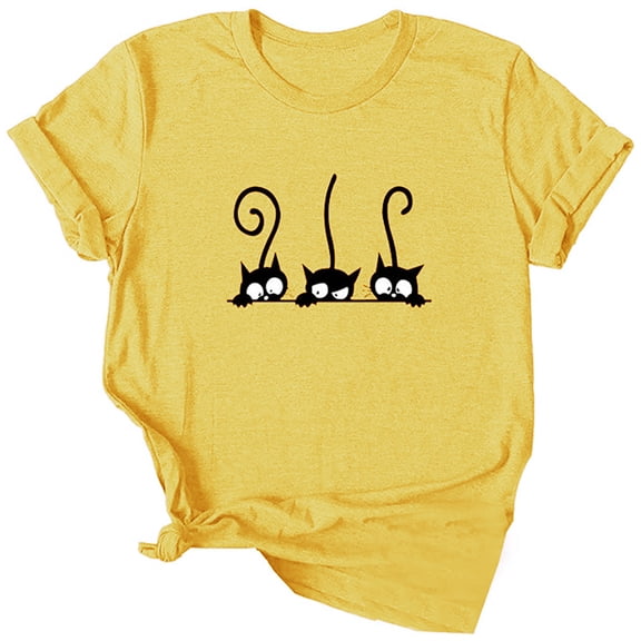 Dellytop Women's Three Cats Printed Solid Color Basic Short-Sleeved T-Shirt