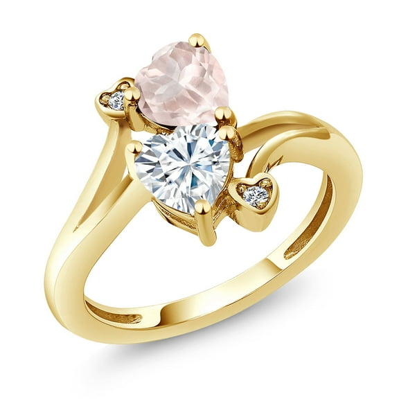 Gem Stone King 18K Yellow Gold Plated Silver Rose Rose Quartz White Moissanite and White Diamond Ring for Women (1.55 Cttw, Heart Shape 6MM, Gemstone Birthstone, Size 8)