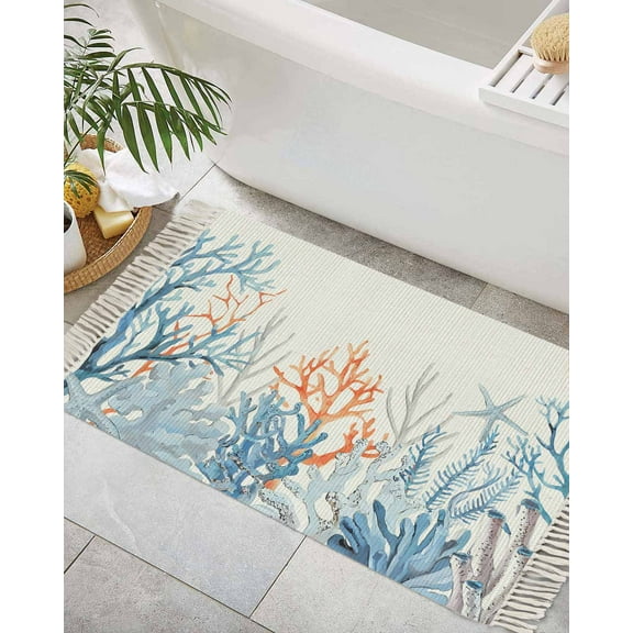 Coastal Coral Bath Rug 2x3ft Woven Bathroom Entryway Runner Rug,Blue Ocean Starfish Seagrass Watercolor Washable Living Room Hallway Bedroom Kitchen Carpet with Tassels,Indoor Outdoor Throw Doormat